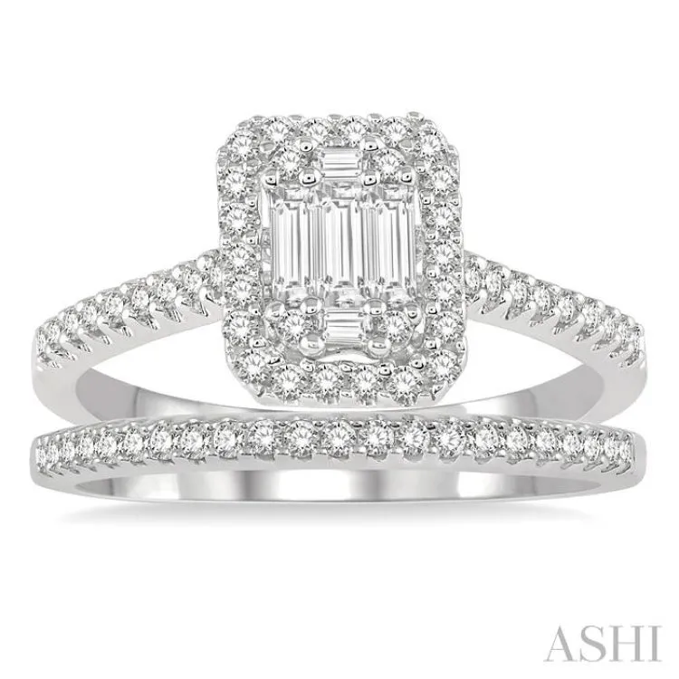 1 ctw Baguette and Round Cut Diamond Bridal Set With 7/8 ctw Emerald Shape Engagement Ring and 1/6 ctw Wedding Band in 14K White Gold