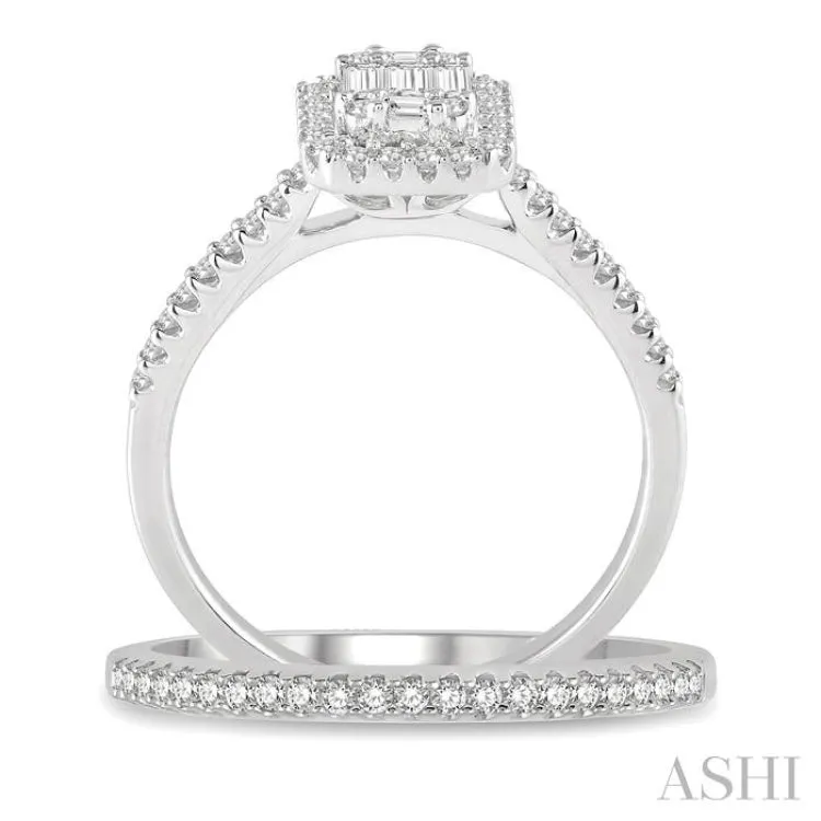 1 ctw Baguette and Round Cut Diamond Bridal Set With 7/8 ctw Emerald Shape Engagement Ring and 1/6 ctw Wedding Band in 14K White Gold
