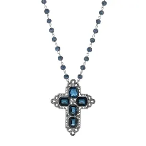 1928 Jewelry Antiqued Pewter Octagon Dark Blue German Glass Stones And Beaded Cross Necklace 16"   3" Extender