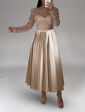 A-Line Evening Gown Elegant Dress Formal Wedding Ankle Length Long Sleeve Jewel Neck Fall Wedding Guest Satin with Pearls Sequin