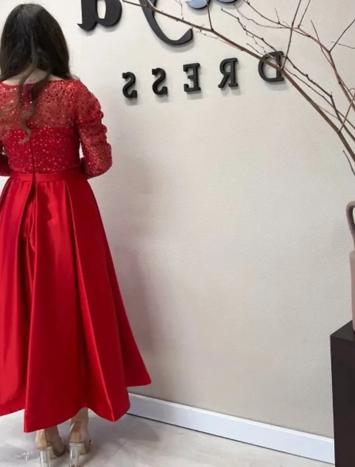 A-Line Evening Gown Elegant Dress Formal Wedding Ankle Length Long Sleeve Jewel Neck Fall Wedding Guest Satin with Pearls Sequin