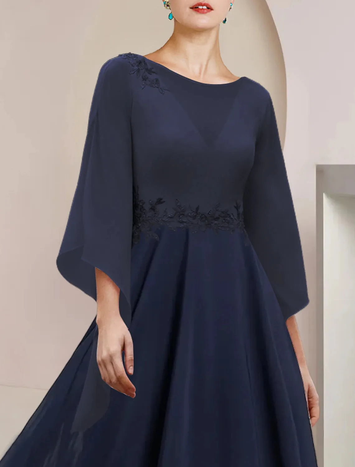 A-Line Mother of the Bride Dress Wedding Guest Party Elegant Scoop Neck Tea Length Chiffon Lace 3/4 Length Sleeve with Appliques