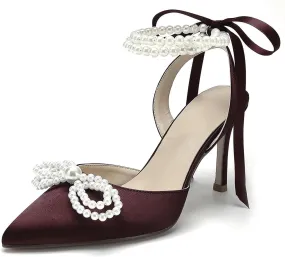 Anna's Bridal Satin White Wedding Shoes for Bride High Heels Closed Toe Bridal Shoes Sandals Prom Party Dress Pumps Sandals Elegant Pointed Toe Bridal Pear Heels for Women