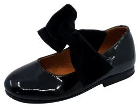 Girls Black Patent Mary Jane with Velvet Bow and Snap Closure by Atlanta Mocassin