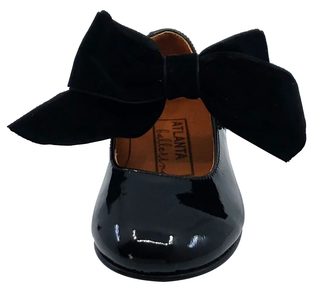 Girls Black Patent Mary Jane with Velvet Bow and Snap Closure by Atlanta Mocassin