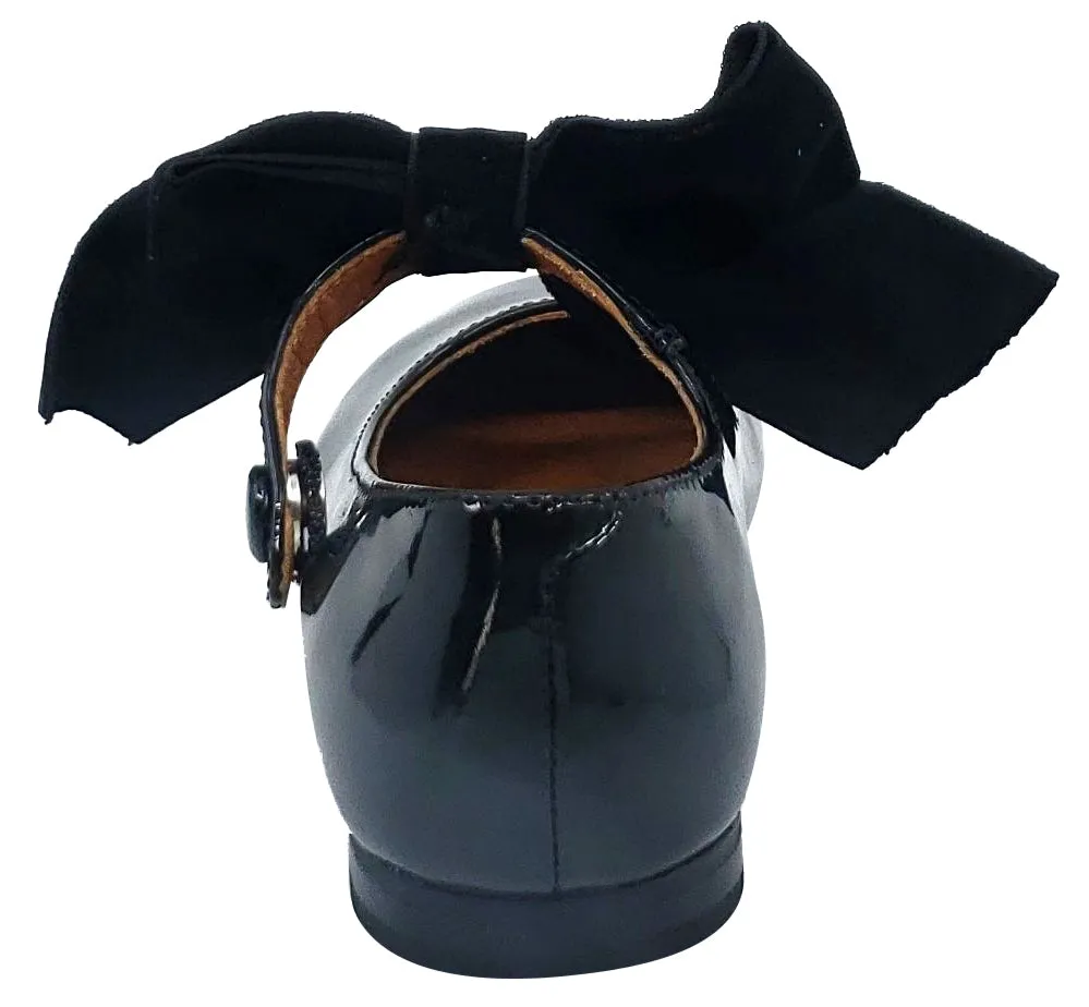 Girls Black Patent Mary Jane with Velvet Bow and Snap Closure by Atlanta Mocassin