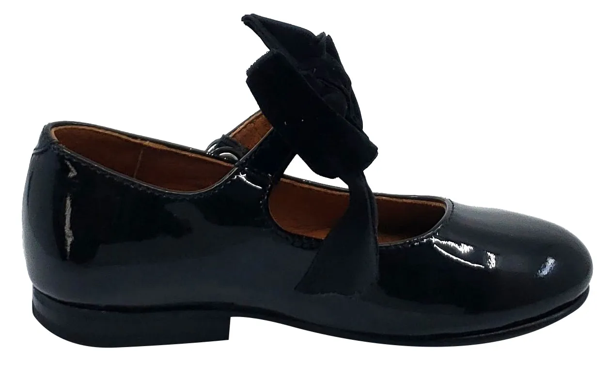 Girls Black Patent Mary Jane with Velvet Bow and Snap Closure by Atlanta Mocassin