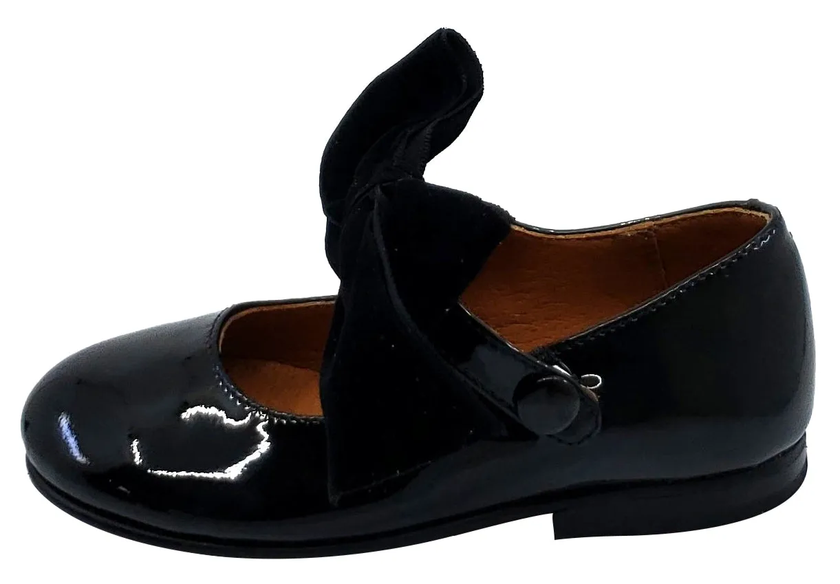 Girls Black Patent Mary Jane with Velvet Bow and Snap Closure by Atlanta Mocassin