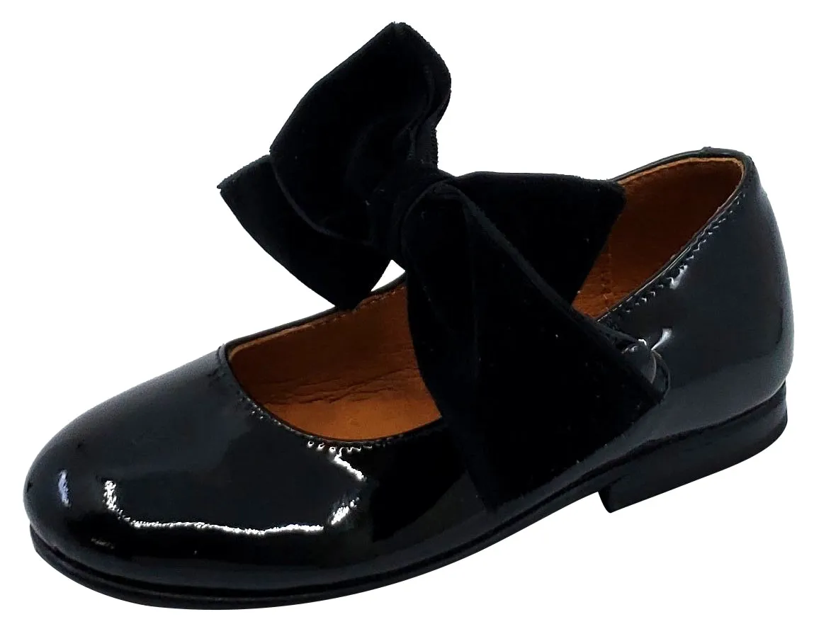 Girls Black Patent Mary Jane with Velvet Bow and Snap Closure by Atlanta Mocassin