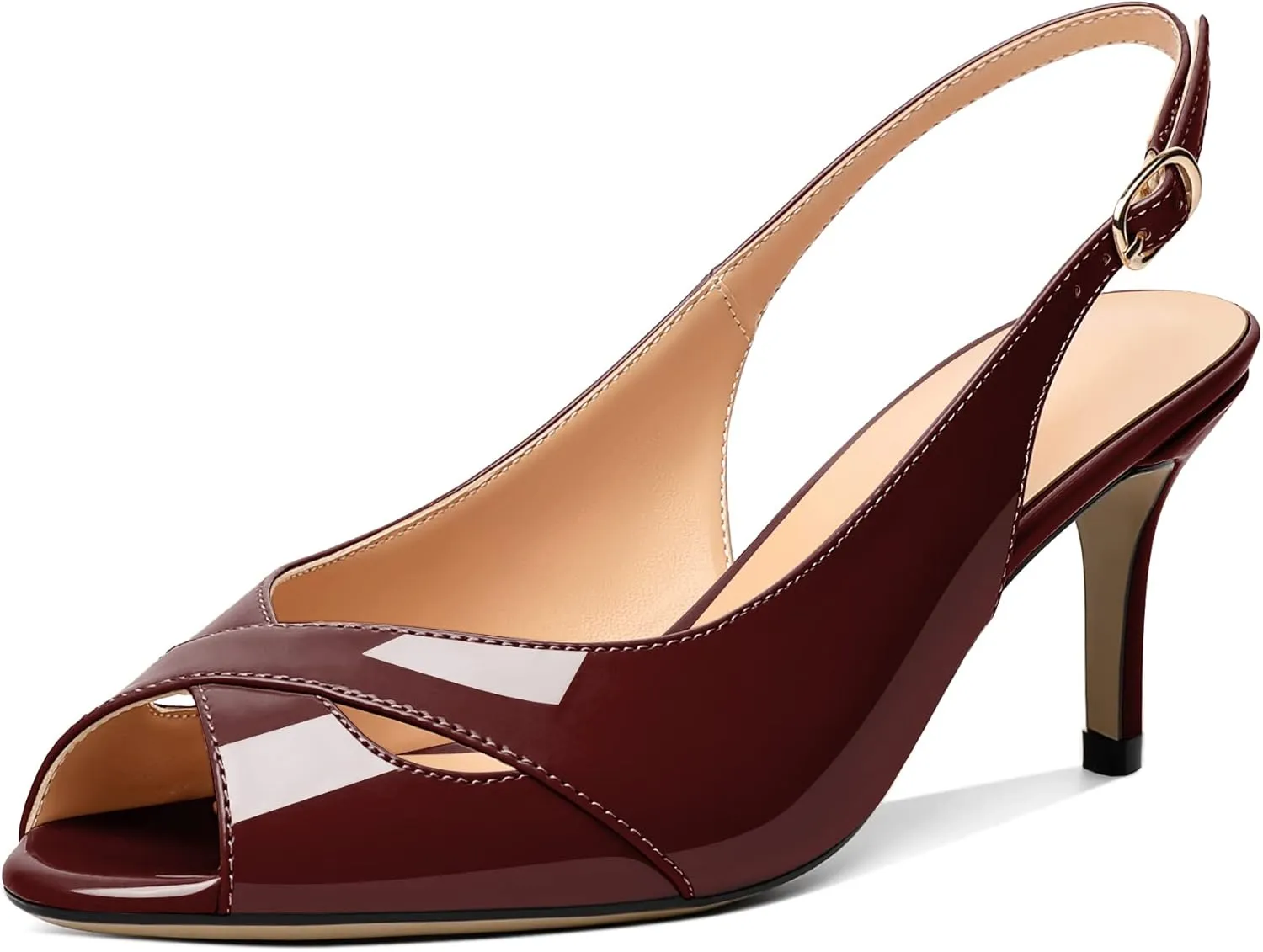 AUMOTED Womens Slingback Heels Peep Toe Stiletto Mid Heel Pumps Patent Leather Sexy Adjustable Strap Buckle Solid Dress Shoes 2.5 Inch