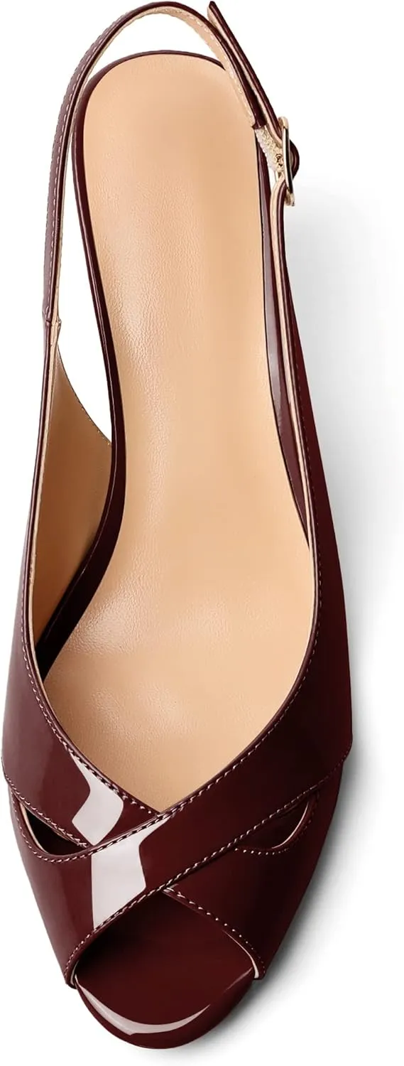 AUMOTED Womens Slingback Heels Peep Toe Stiletto Mid Heel Pumps Patent Leather Sexy Adjustable Strap Buckle Solid Dress Shoes 2.5 Inch