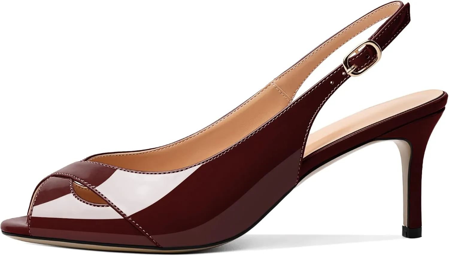 AUMOTED Womens Slingback Heels Peep Toe Stiletto Mid Heel Pumps Patent Leather Sexy Adjustable Strap Buckle Solid Dress Shoes 2.5 Inch