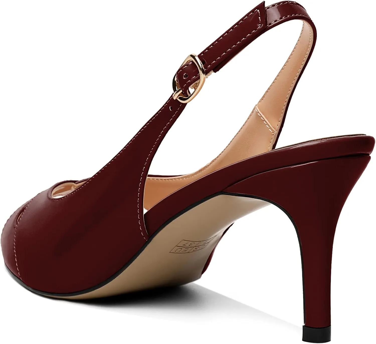AUMOTED Womens Slingback Heels Peep Toe Stiletto Mid Heel Pumps Patent Leather Sexy Adjustable Strap Buckle Solid Dress Shoes 2.5 Inch