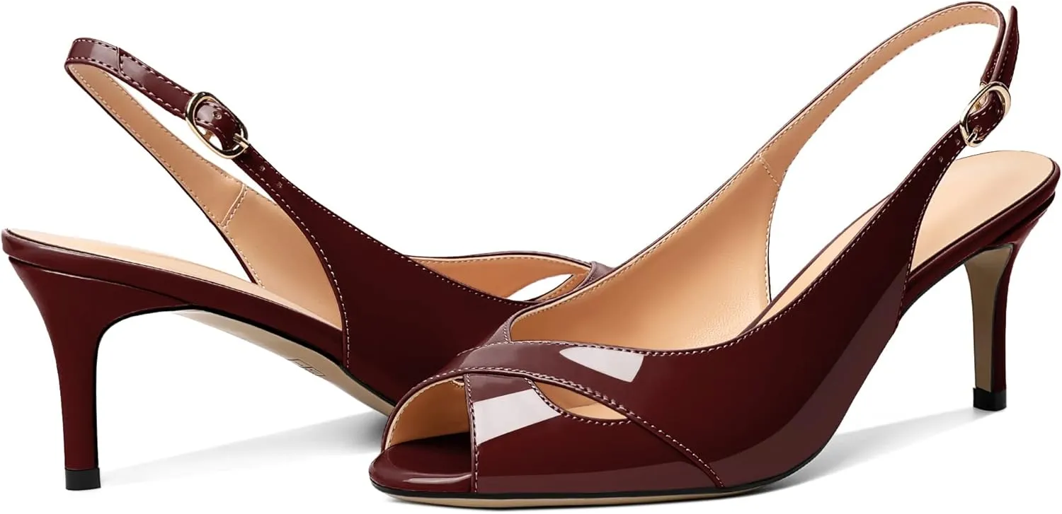 AUMOTED Womens Slingback Heels Peep Toe Stiletto Mid Heel Pumps Patent Leather Sexy Adjustable Strap Buckle Solid Dress Shoes 2.5 Inch