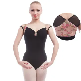 #B0005 Adult Ballet Leotards Black Cotton with Flower Printed Mesh  Inserts