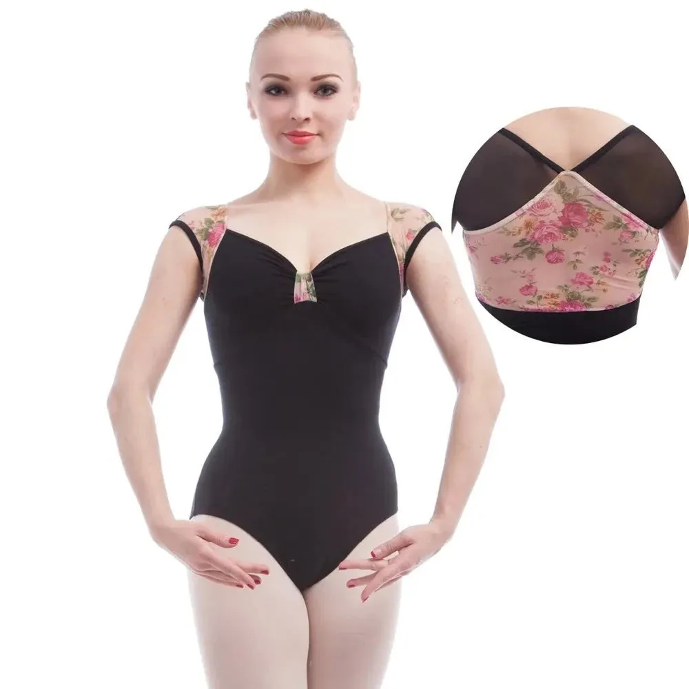 #B0005 Adult Ballet Leotards Black Cotton with Flower Printed Mesh  Inserts