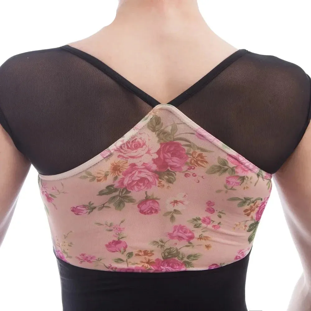 #B0005 Adult Ballet Leotards Black Cotton with Flower Printed Mesh  Inserts