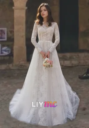 Bateau Long Sleeves Appliques Tulle A-Line Wedding Dress