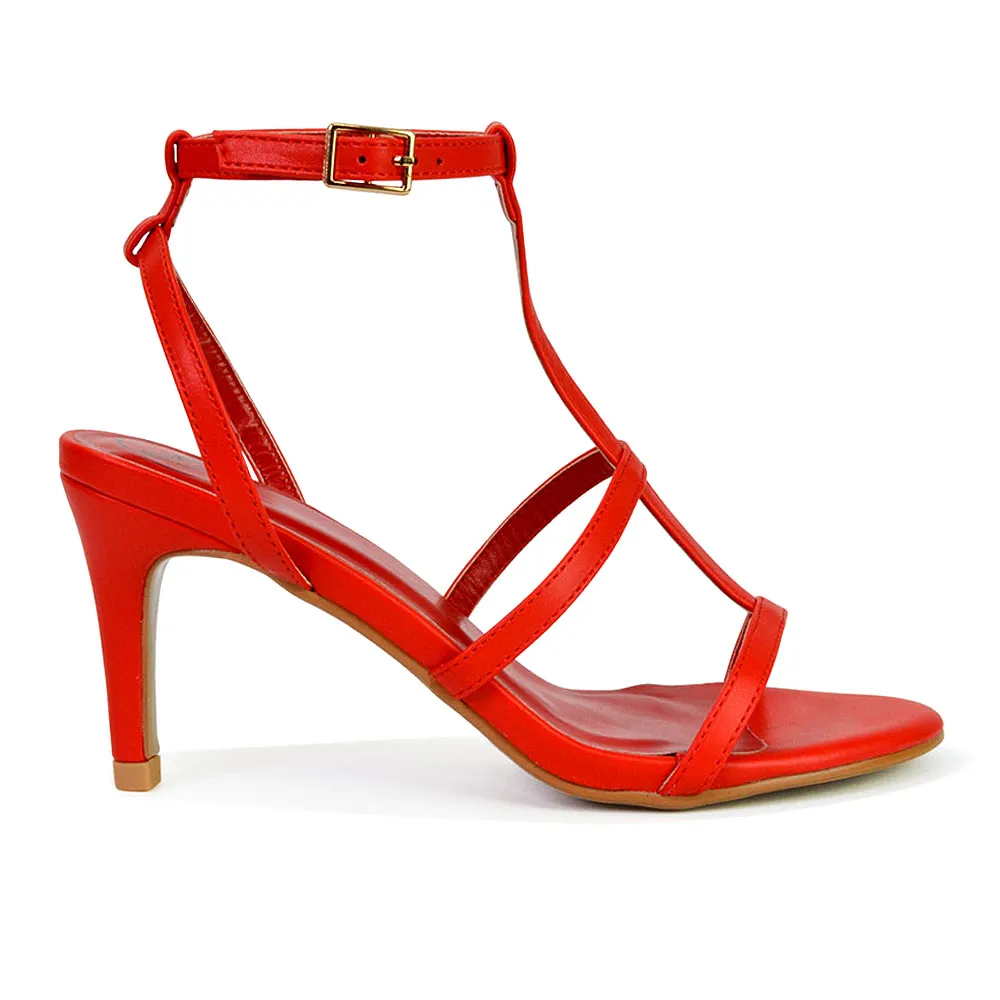 Beaux Caged Cut Out Detail Mid High Heel Stiletto Ankle Strappy Sandals in Fuchsia