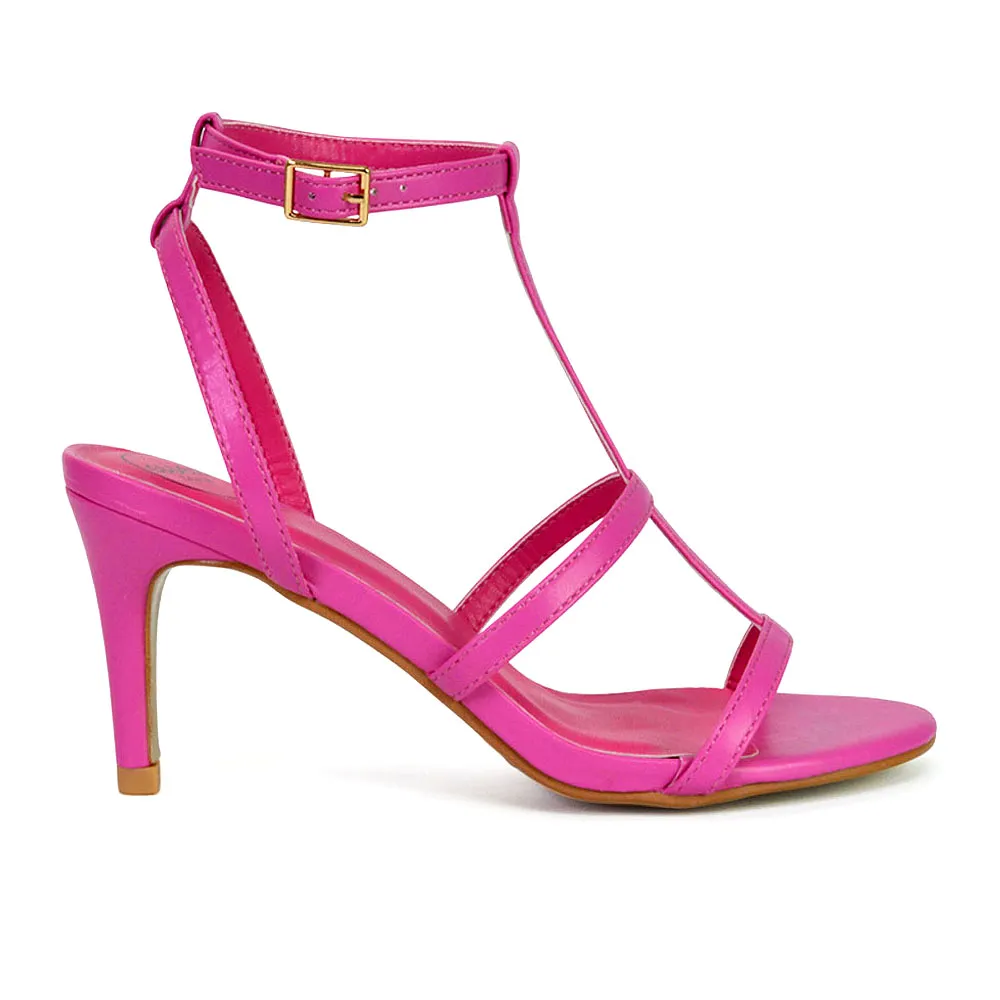 Beaux Caged Cut Out Detail Mid High Heel Stiletto Ankle Strappy Sandals in Fuchsia