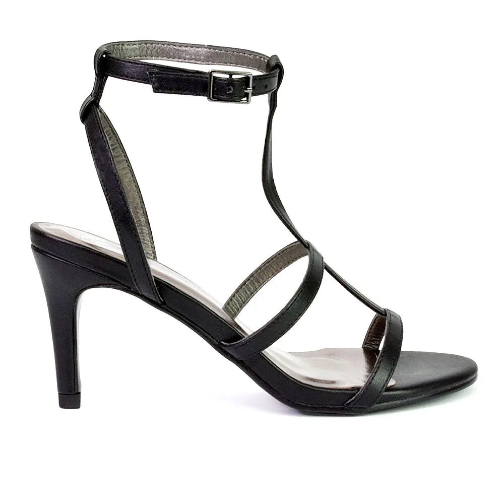 Beaux Caged Cut Out Detail Mid High Heel Stiletto Ankle Strappy Sandals in Fuchsia