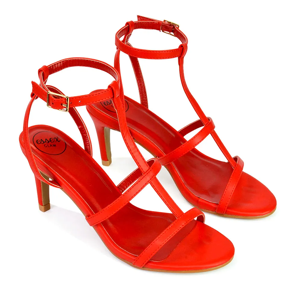 Beaux Caged Cut Out Detail Mid High Heel Stiletto Ankle Strappy Sandals in Fuchsia