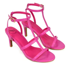 Beaux Caged Cut Out Detail Mid High Heel Stiletto Ankle Strappy Sandals in Fuchsia