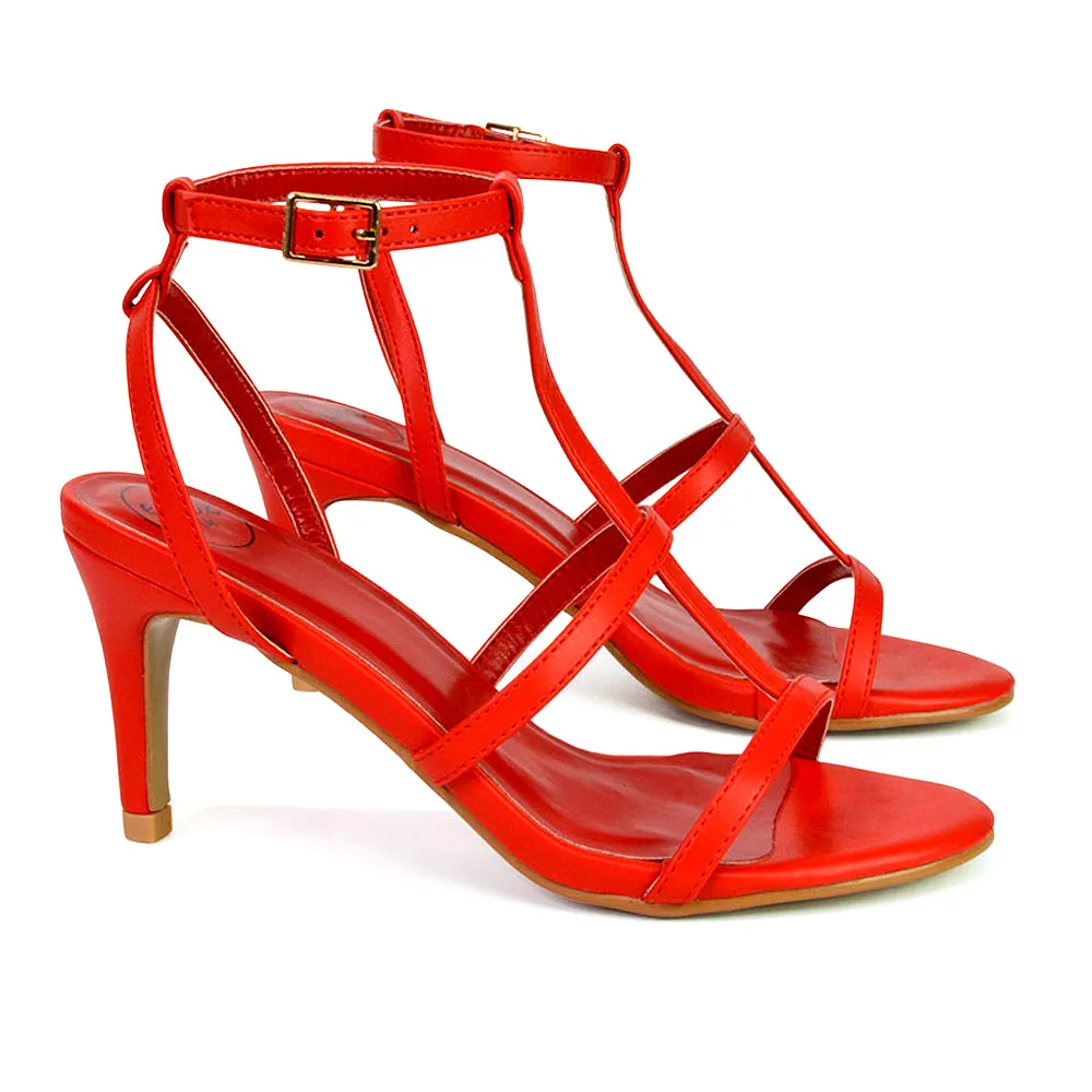 Beaux Caged Cut Out Detail Mid High Heel Stiletto Ankle Strappy Sandals in Fuchsia