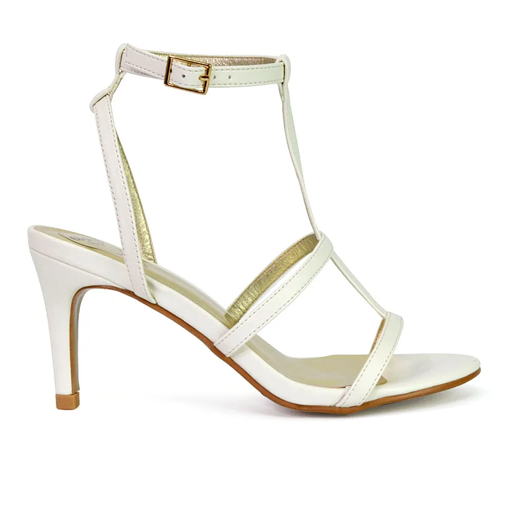 Beaux Caged Cut Out Detail Mid High Heel Stiletto Ankle Strappy Sandals in Fuchsia