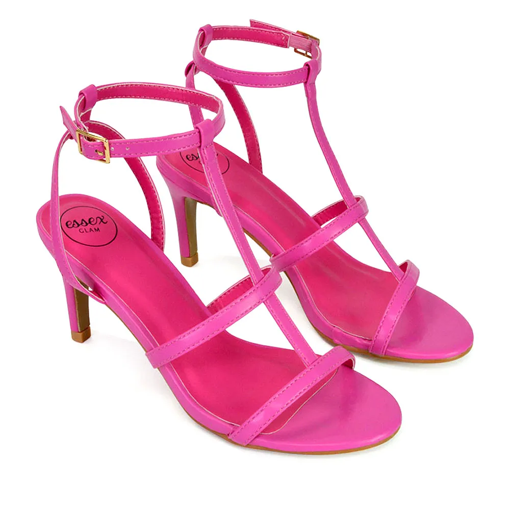 Beaux Caged Cut Out Detail Mid High Heel Stiletto Ankle Strappy Sandals in Fuchsia