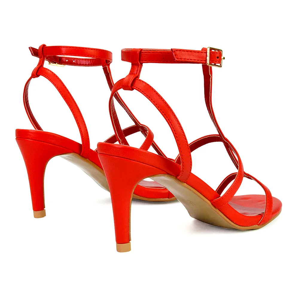 Beaux Caged Cut Out Detail Mid High Heel Stiletto Ankle Strappy Sandals in Fuchsia