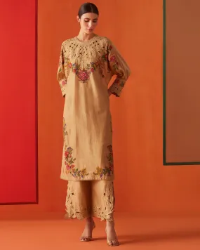 Beige Embroidered And Cutwork Kurta Set