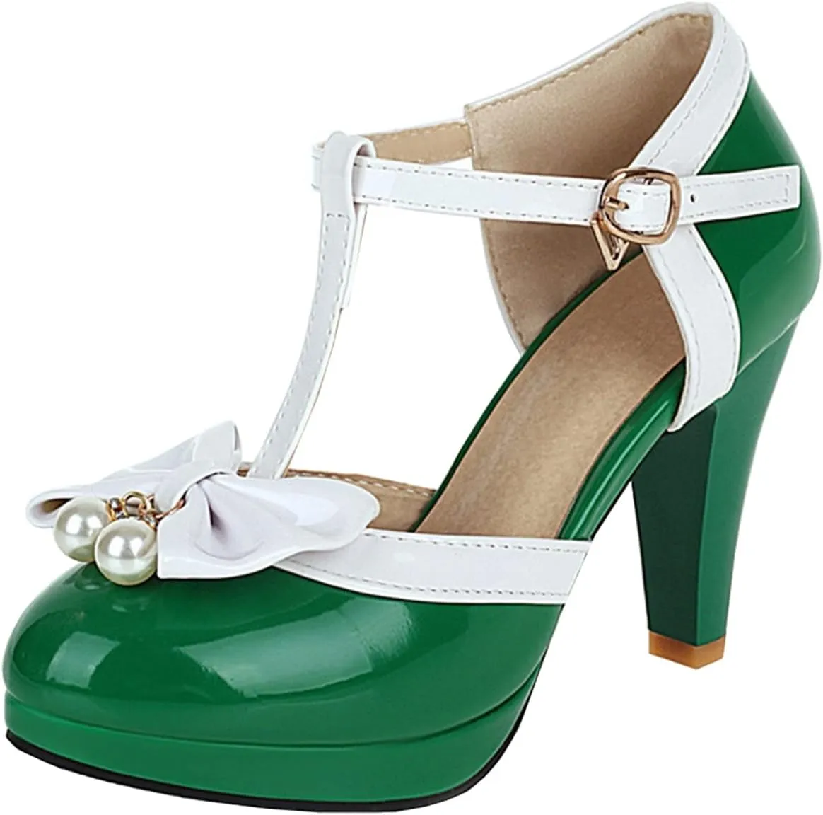Betastella Women's T-Strap Platform Mary Janes Block Heel Patent Leather Sweet Pumps