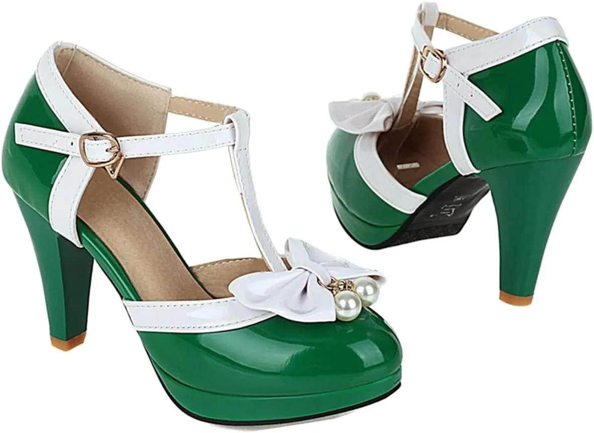 Betastella Women's T-Strap Platform Mary Janes Block Heel Patent Leather Sweet Pumps