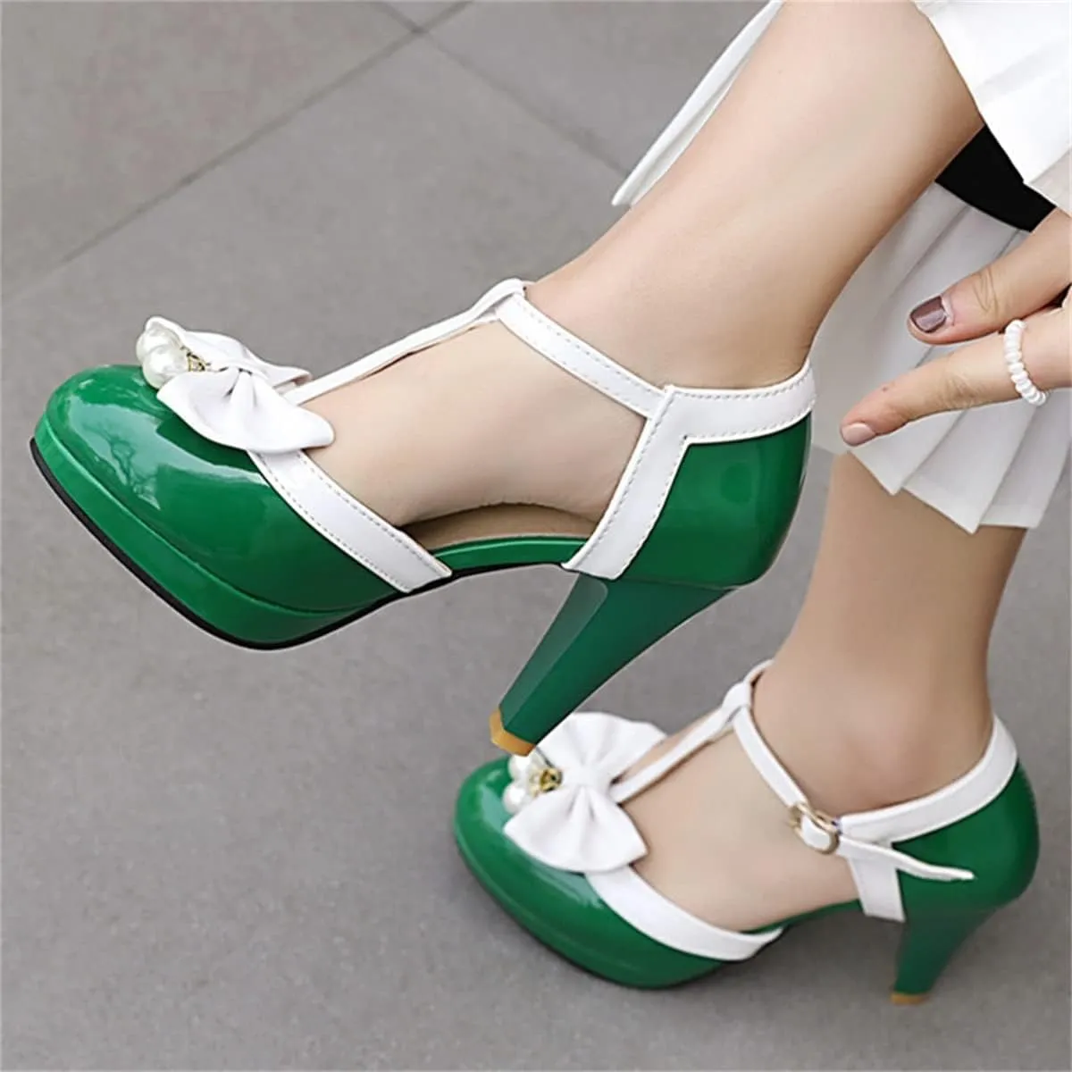 Betastella Women's T-Strap Platform Mary Janes Block Heel Patent Leather Sweet Pumps