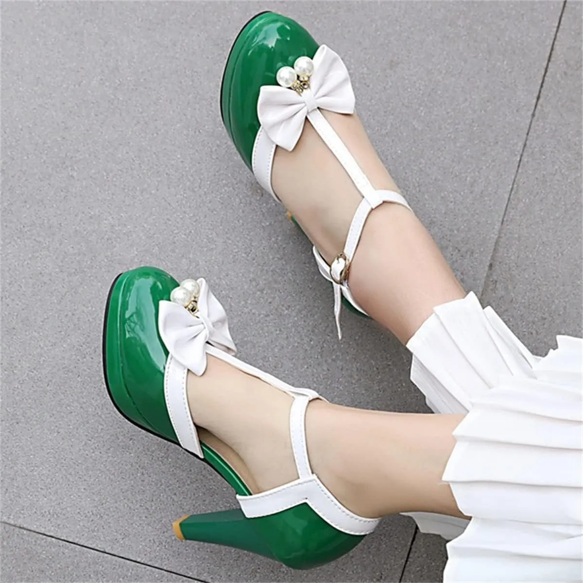 Betastella Women's T-Strap Platform Mary Janes Block Heel Patent Leather Sweet Pumps