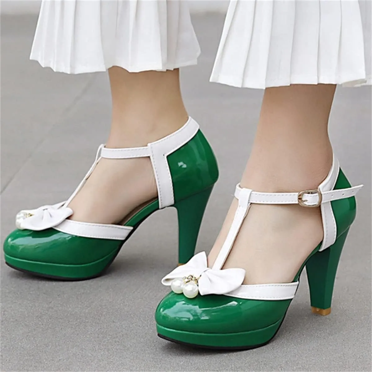 Betastella Women's T-Strap Platform Mary Janes Block Heel Patent Leather Sweet Pumps