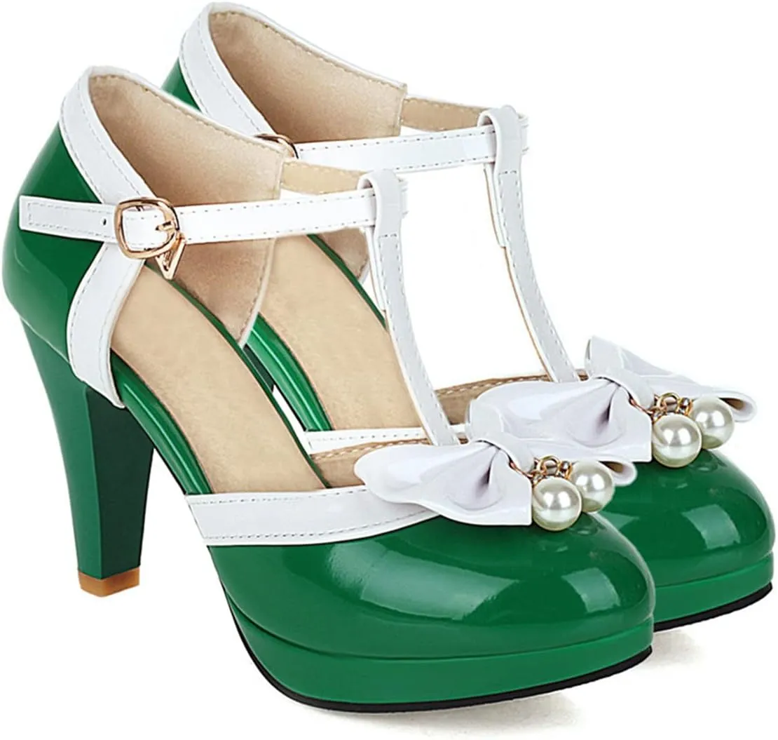Betastella Women's T-Strap Platform Mary Janes Block Heel Patent Leather Sweet Pumps
