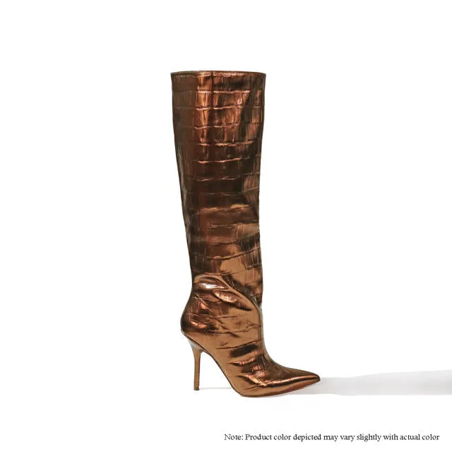 BEXIE-14 KNEE HIGH STRAIGHT CROC METALLIC BOOTS - BRONZE