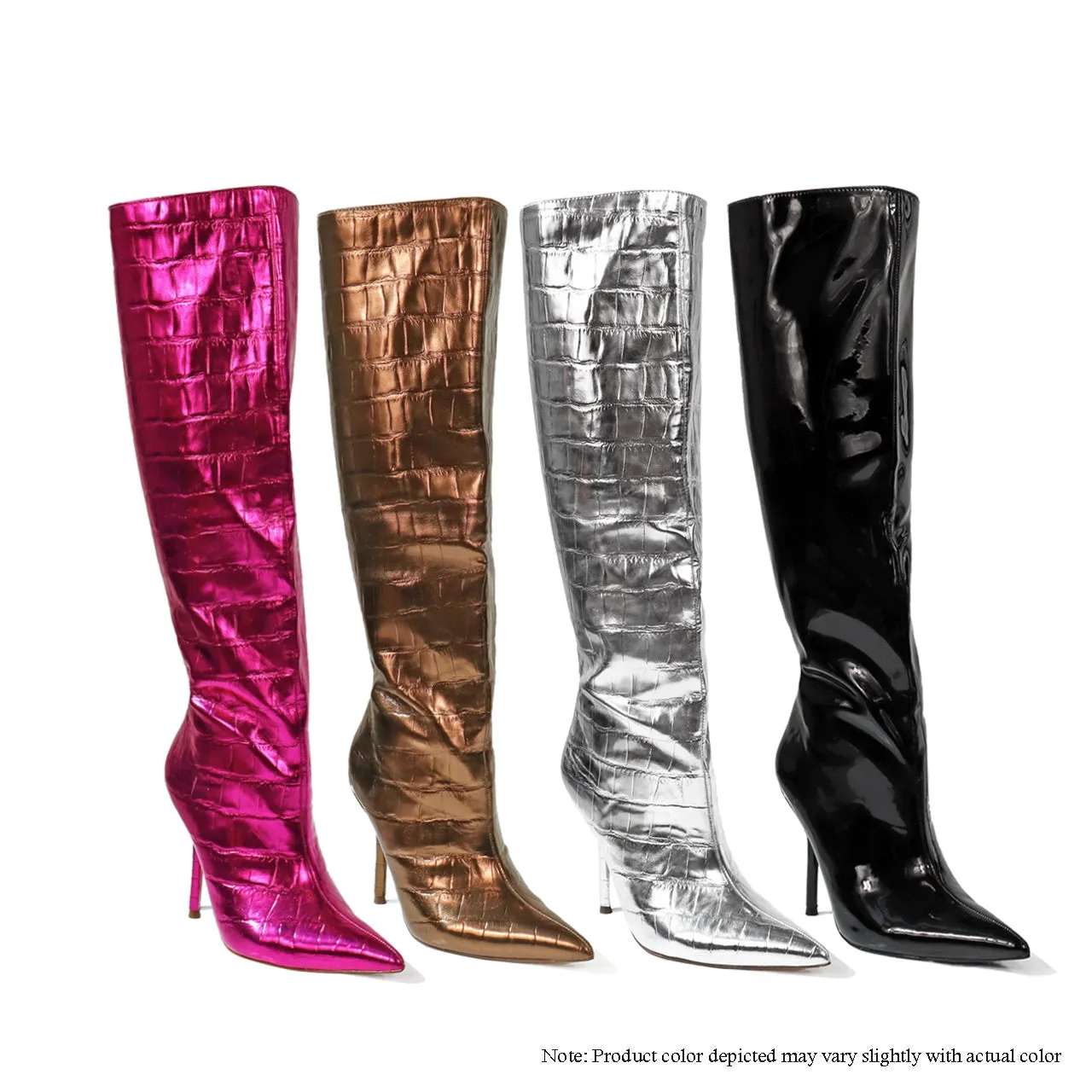 BEXIE-14 KNEE HIGH STRAIGHT CROC METALLIC BOOTS - BRONZE