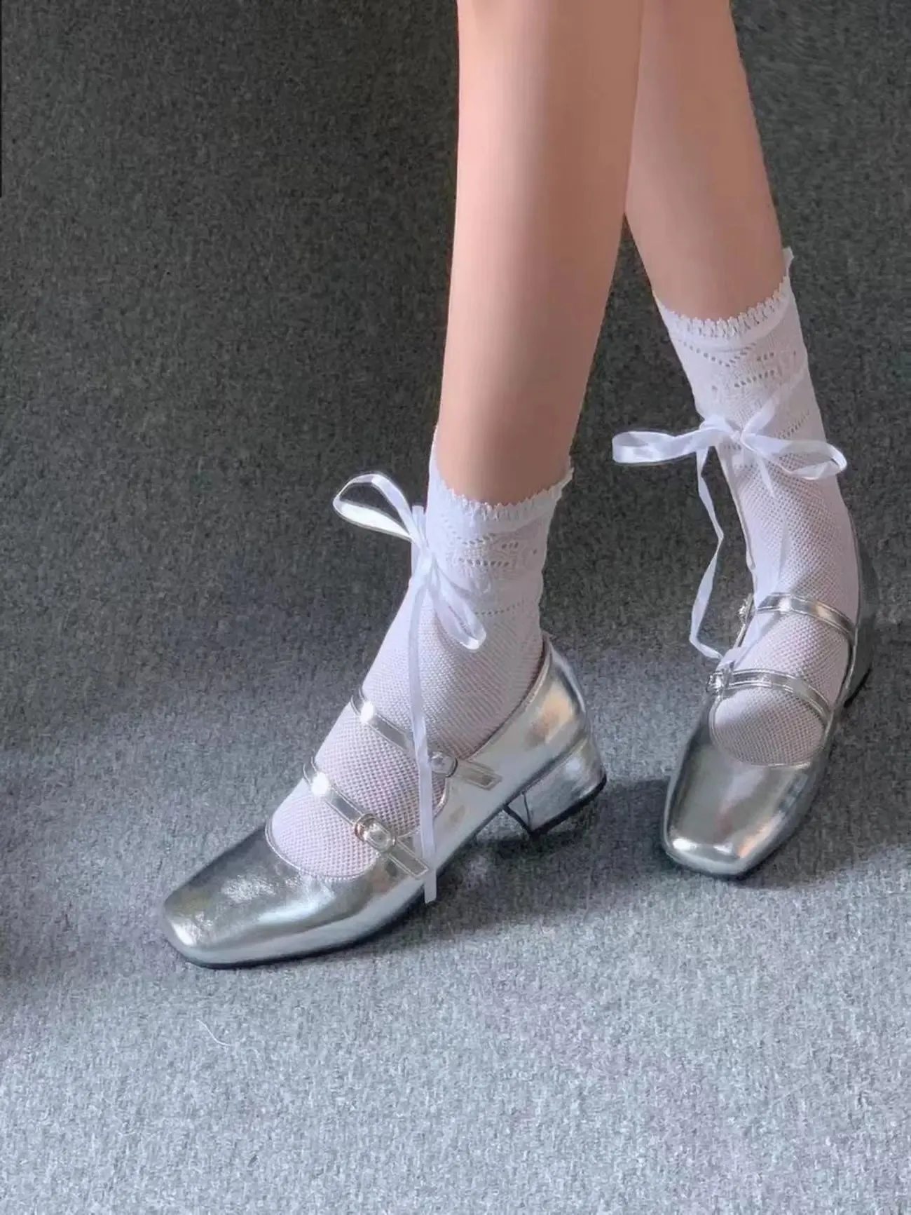 binfenxie  NEW Elegant Silver Ballet Shoes Lady Sweet Mary Jane Thick High-heeled Shoes Heels Retro Footwear Lolita Shoes