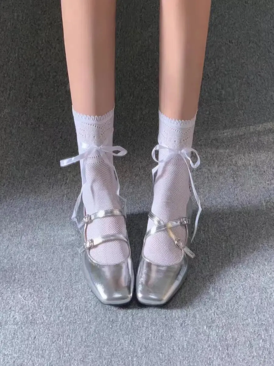 binfenxie  NEW Elegant Silver Ballet Shoes Lady Sweet Mary Jane Thick High-heeled Shoes Heels Retro Footwear Lolita Shoes