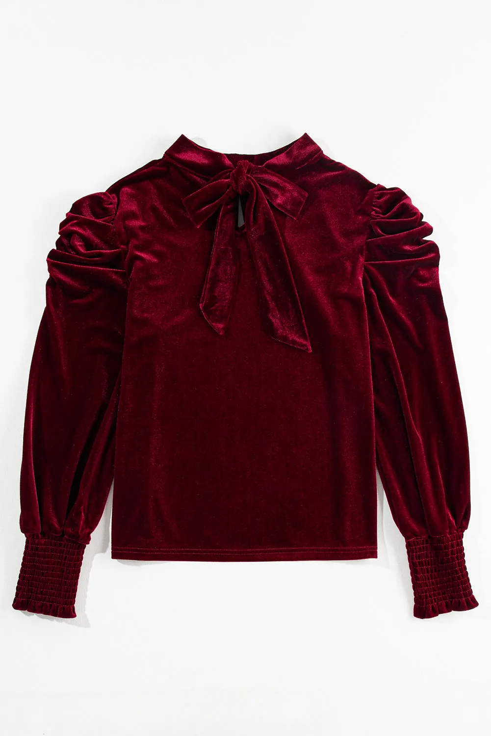 Blackish Green Mock Neck Puff Sleeve Velvet Blouse