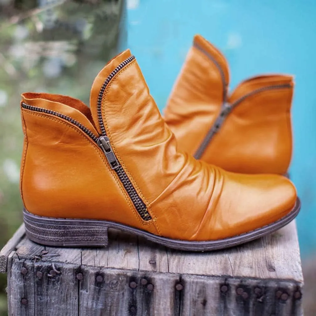 Cathalem Boots for Womens Low Heel Booties Pointed Toe Stacked Mid Heel Ankle Boots V Cut Back Zipper Booties