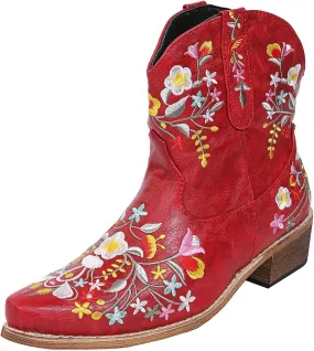 Cathalem Cowgirl Boots for Women Flower Embroidered Ankle Cowboy Boots Square Toe Western Boots Chunky Heel Short Boots