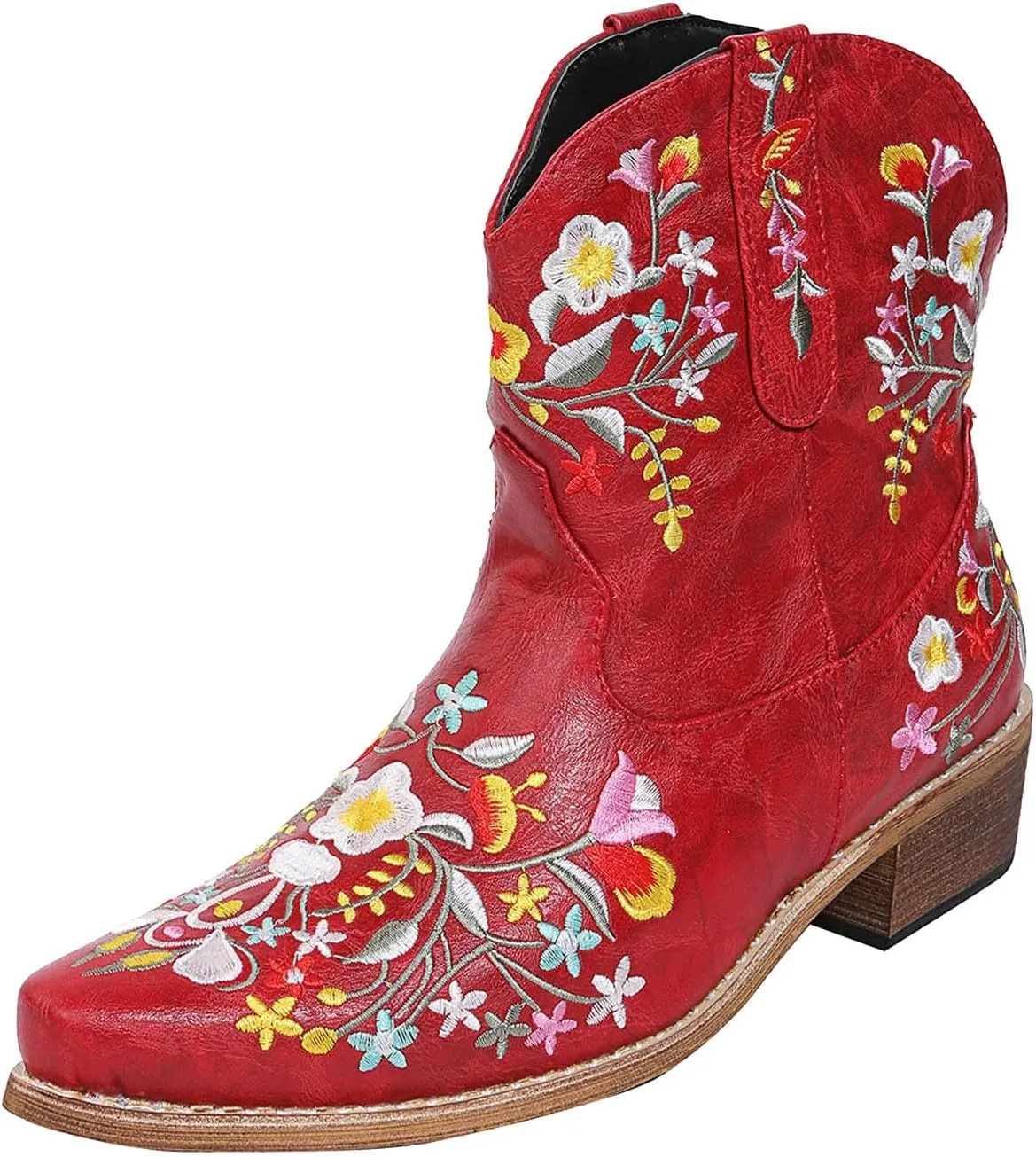 Cathalem Cowgirl Boots for Women Flower Embroidered Ankle Cowboy Boots Square Toe Western Boots Chunky Heel Short Boots
