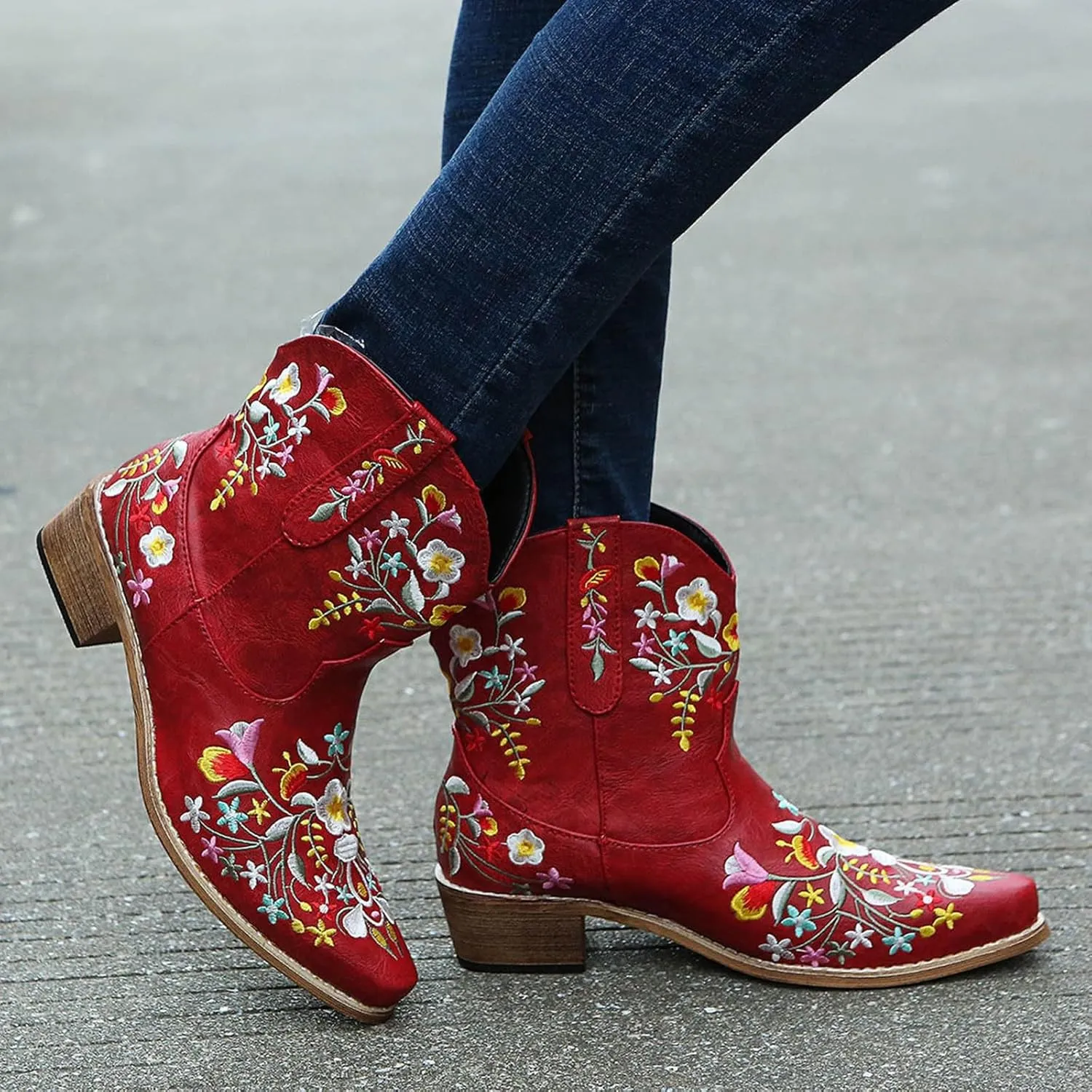 Cathalem Cowgirl Boots for Women Flower Embroidered Ankle Cowboy Boots Square Toe Western Boots Chunky Heel Short Boots