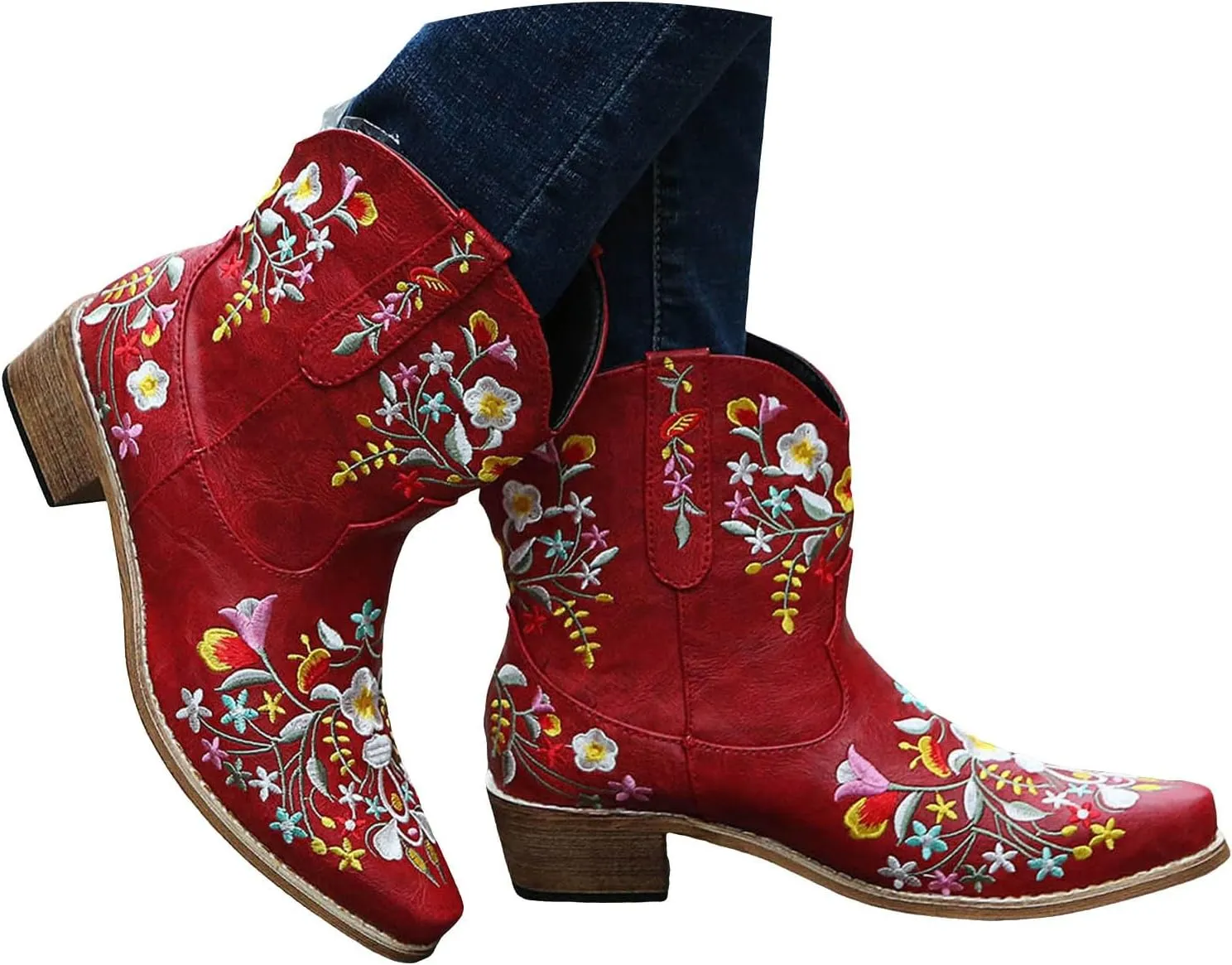 Cathalem Cowgirl Boots for Women Flower Embroidered Ankle Cowboy Boots Square Toe Western Boots Chunky Heel Short Boots