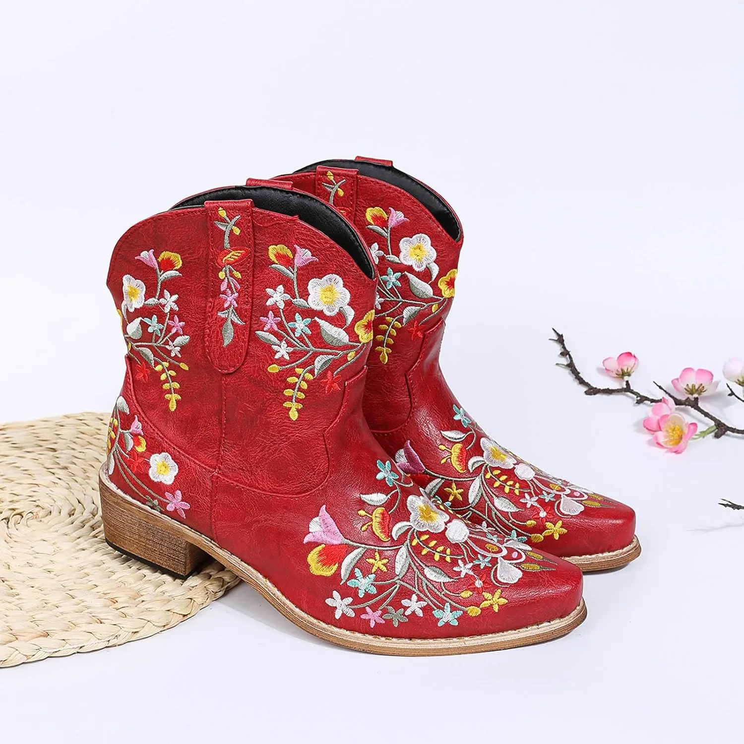 Cathalem Cowgirl Boots for Women Flower Embroidered Ankle Cowboy Boots Square Toe Western Boots Chunky Heel Short Boots