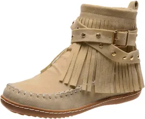 Cathalem Womens Ankle Boots, 2024 Fringe Faux Suede Boots Retro Round Toe Fringe Buckle Strap Ankle Boot Rome Flat Shoes